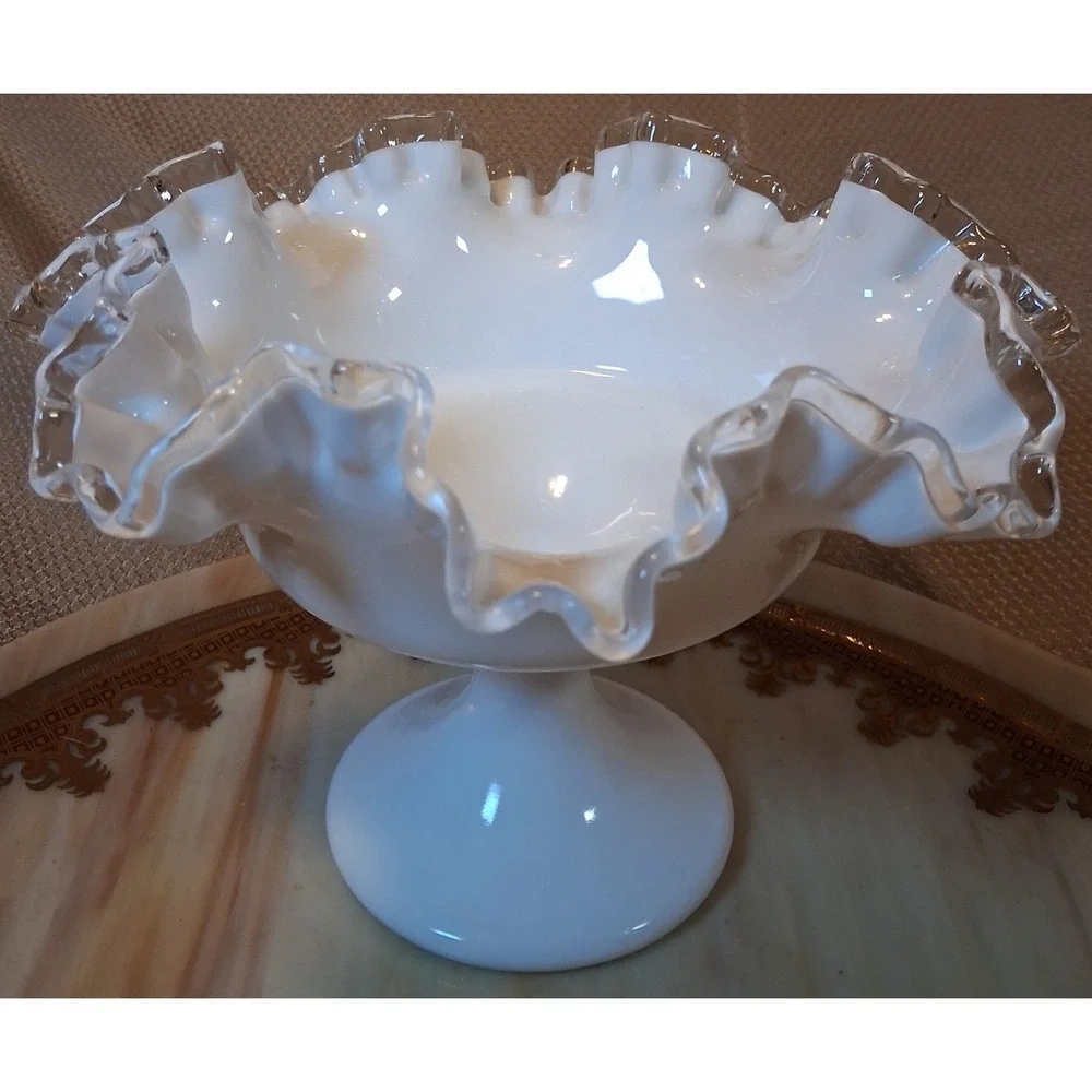 Fenton Silver Crest Milk Glass Compote Ruffled Edge Pedestal Candy Dish 8.5